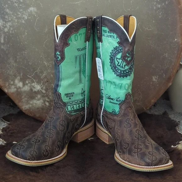 TIN HAUL men's DEUCE money themed square toe leather cowboy boot sz 13EE NWT